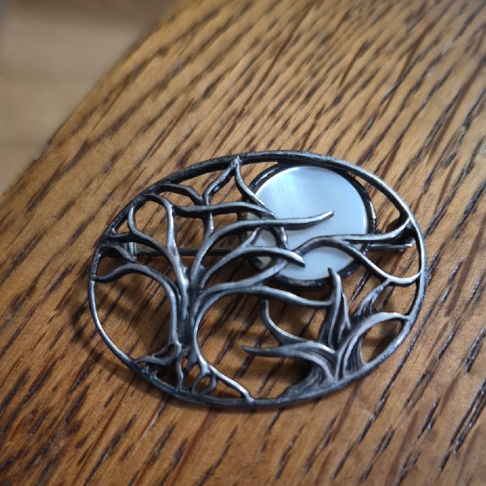 Elegant  Sterling Silver Tree Brooch By JEZ JEZLAINE.  Antique Moon/trees